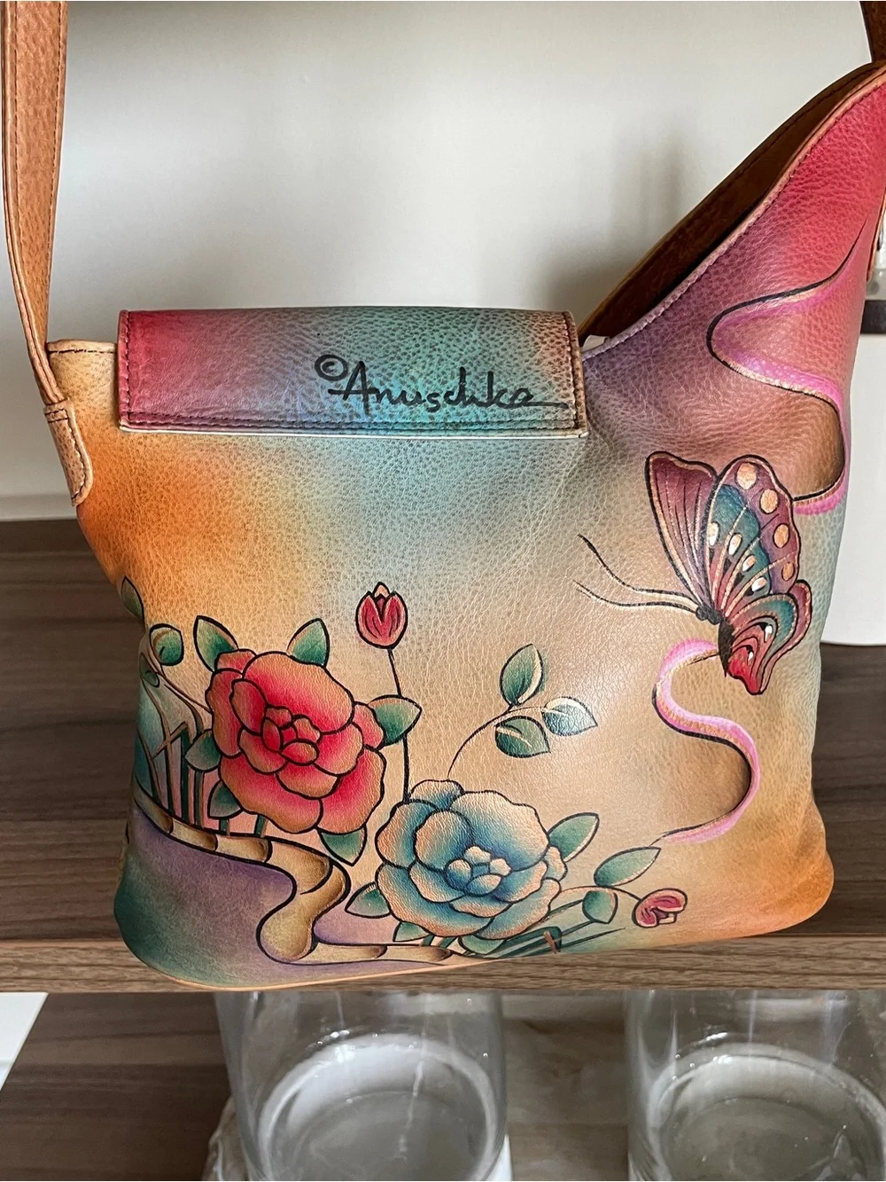 Anuschka Hand-Painted Floral & Butterfly Shoulder Bag